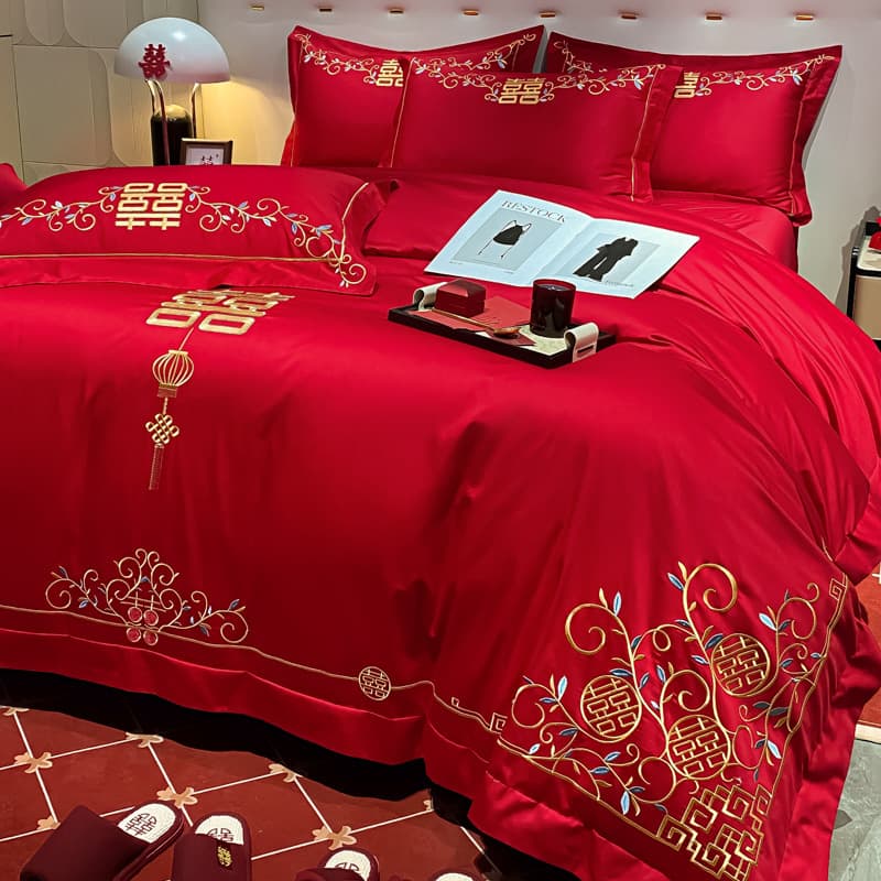 New Chinese-style bright red wedding four-piece set, pure cotton dragon and phoenix embroidered duvet cover, marriage dowry bedding