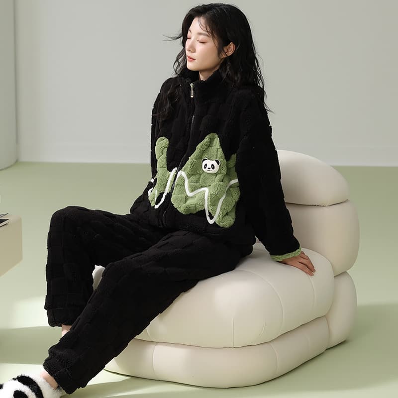 Flannel Pajamas Winter Coral Velvet Hooded Women's Fleece-Lined Thickened Home Clothes Winter Sweet Style Suit