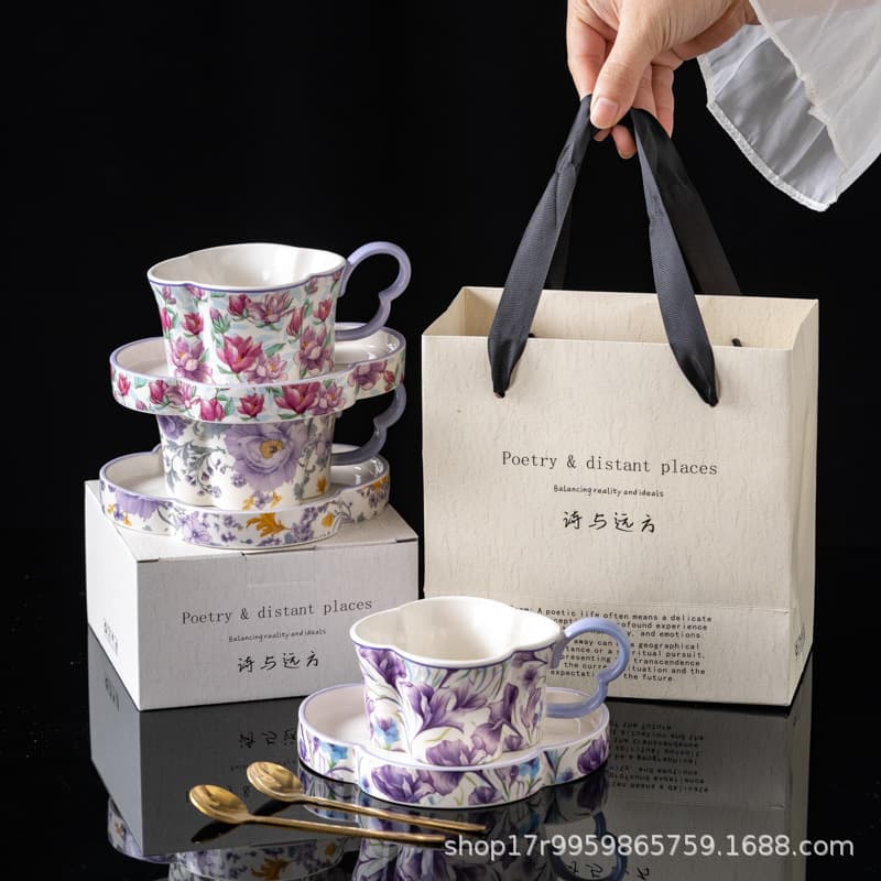 Light luxury design ceramic coffee cup and saucer set irregular mug high-value souvenir exquisite gift box