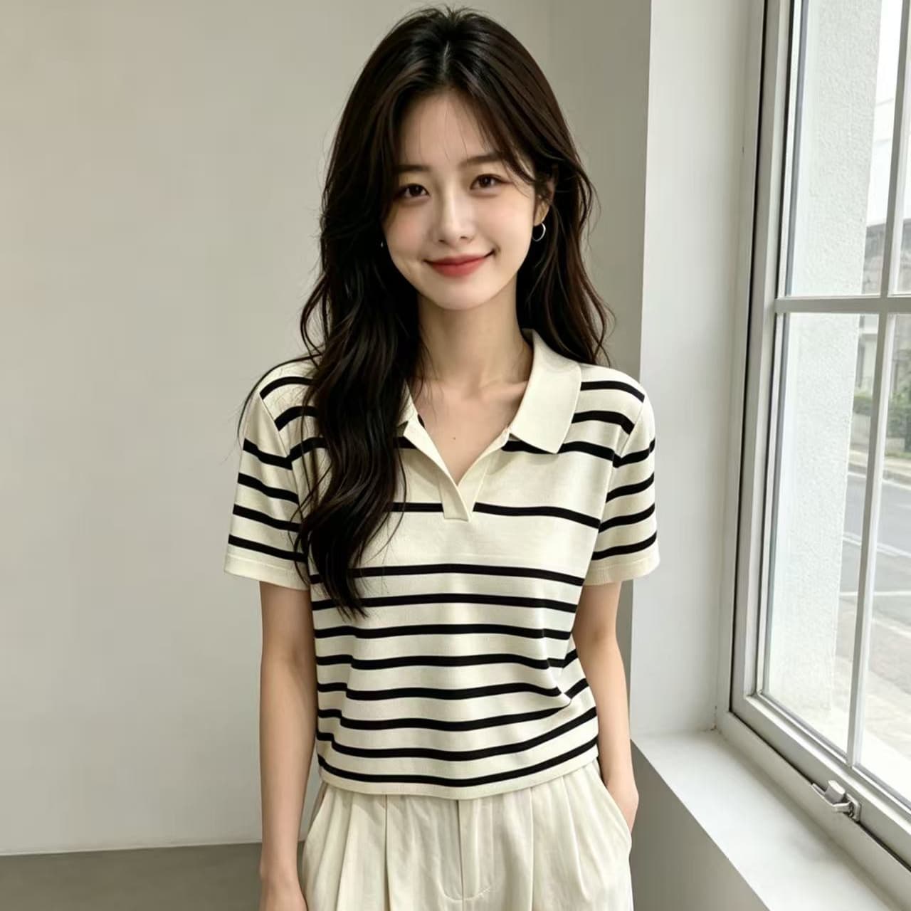 Korean loose, casual, gentle and sweet solid color top paired with drapey wide-leg pants, simple and elegant daily wear