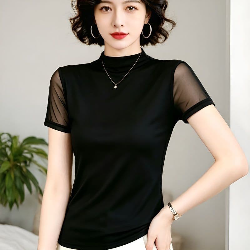 Half High Neck Black Mesh Top Short Sleeve T-Shirt Women's Summer 2026 New Versatile Elegant Blouse Half Sleeve Sheer Shirt