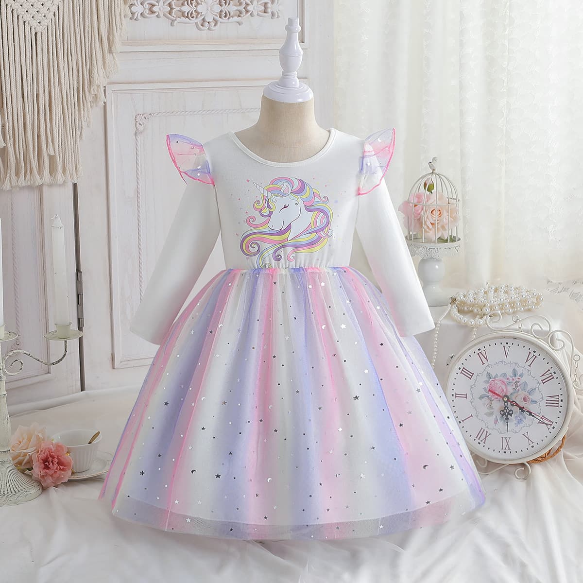2025 Girls' Dress, Spring/Autumn Long-Sleeved Unicorn Birthday Children's Clothing, Rainbow Dress, Sequined Mesh Princess Dress