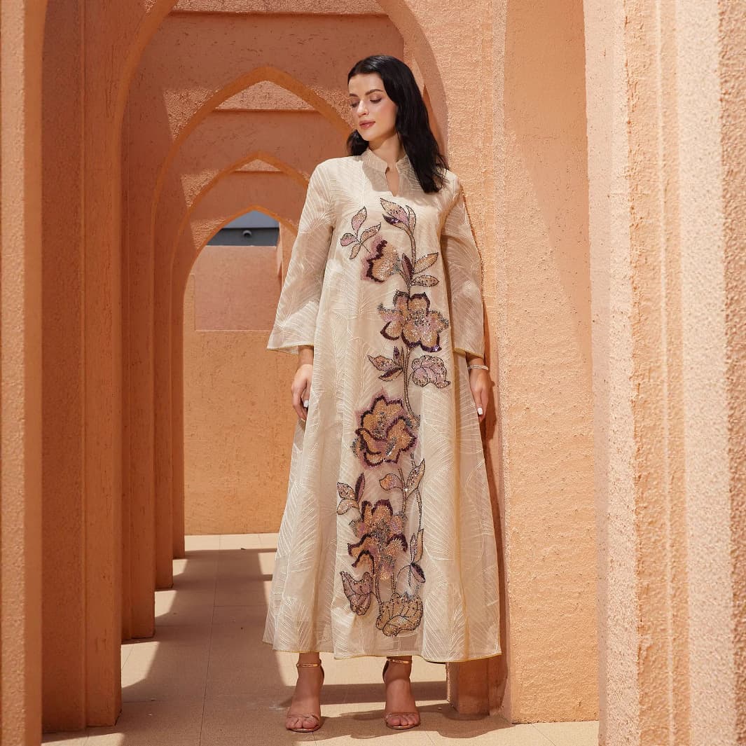 NC78 New Mesh Embroidery Dress Ethnic Costume Heavy Craft Applique Abaya Robe