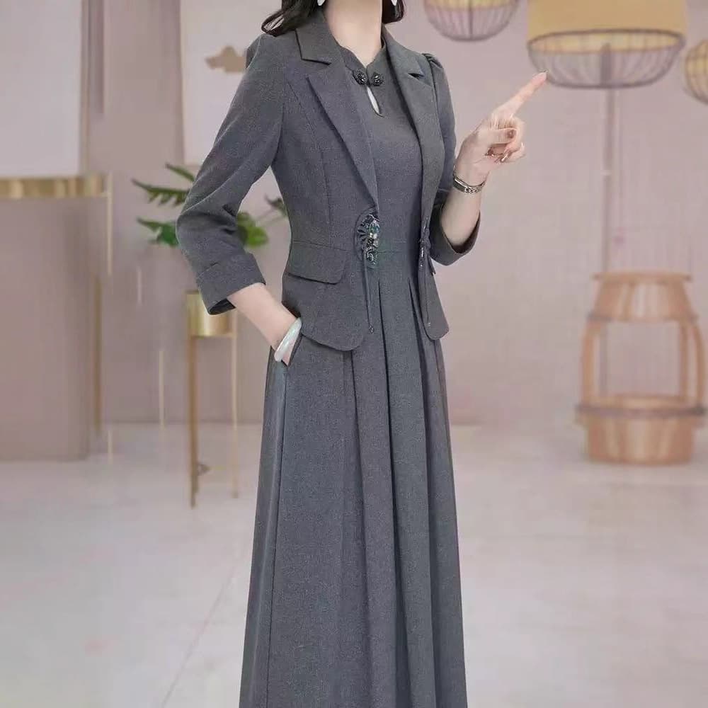 Elegant Women's Fall Long-Sleeve Blazer and Dress Set, Waist-Tightening Slim Fit Two-Piece Outfit