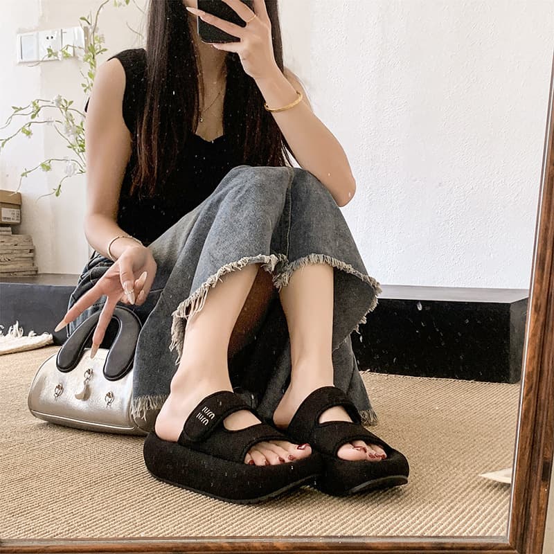 Chunky Platform Velcro Slide Sandals for Women Summer Outdoor Trendy High-End Toe Ring Sandals for Dresses Birkenstock Style