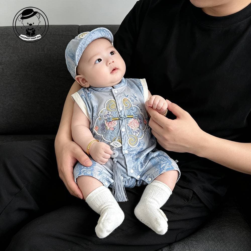 Chinese style baby boy sleeveless Tang suit one-piece summer dress young master's dress baby clothes full moon 100 days one year old dress summer