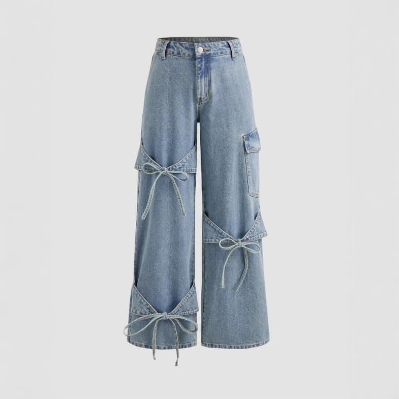 Cross-border European and American women's fashion bow jeans, American-style hot girl patchwork tie-dye straight-leg pants, loose long pants