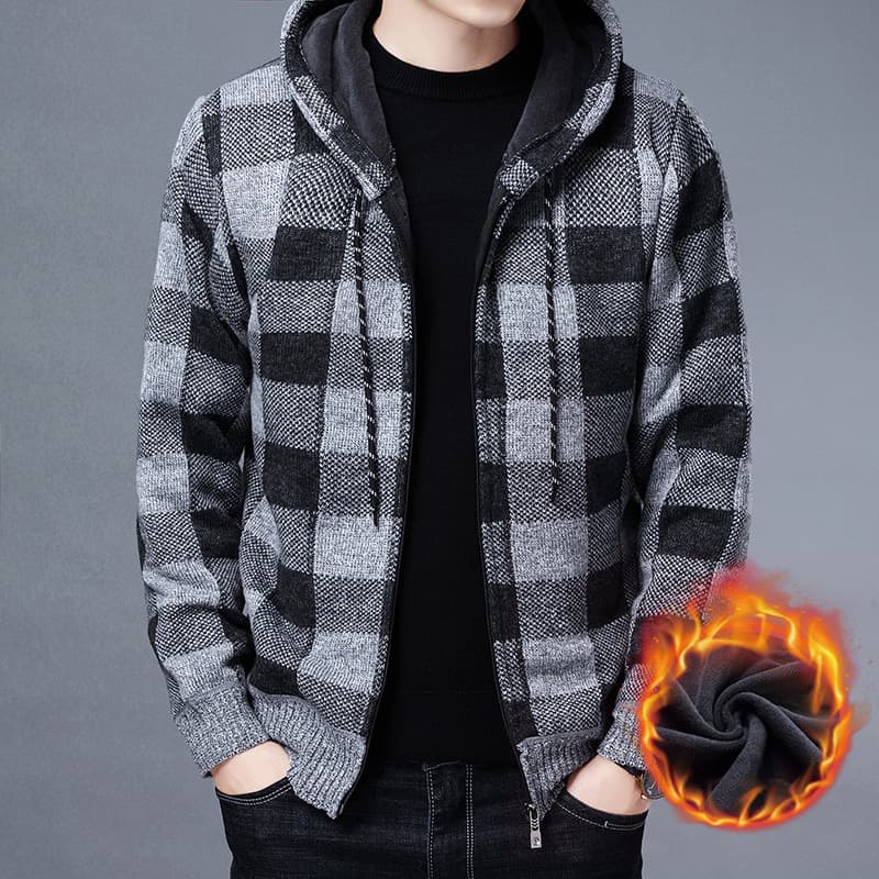 Men's Winter Hooded Fleece-Lined Plaid Long-Sleeve Sweater, Korean Style Cardigan for Teens