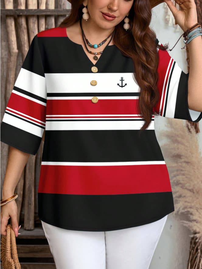 2026 Plus Size Women's Cross-Border Amazon Spring/Summer/Autumn Retro Graphic Front Button Casual Shirt
