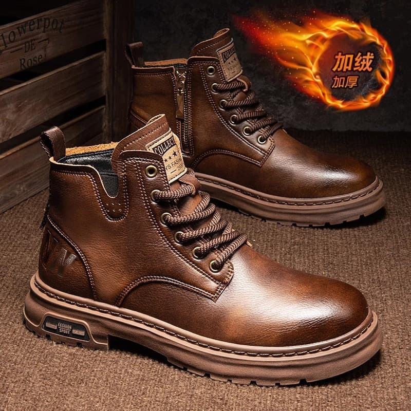 Men's Martin Boots 2024 Autumn/Winter New Style Fleece-Lined Work Boots Retro British High-Top Fashion Genuine Leather Cotton Shoes