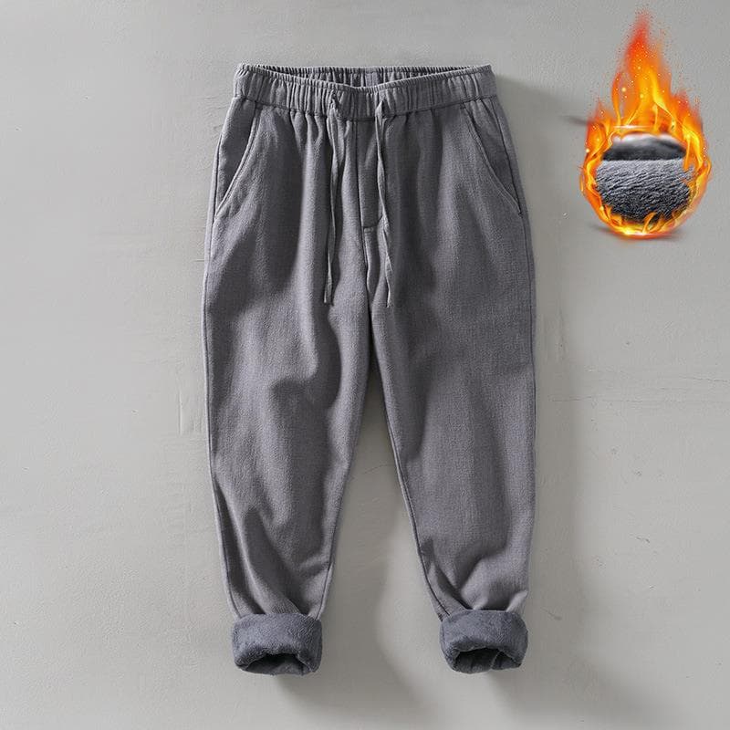 L8234 Warm Ramie Straight Leg Casual Cotton Pants Men Retro Loose Fleece Lined Drawstring Long Pants Drop Shipping