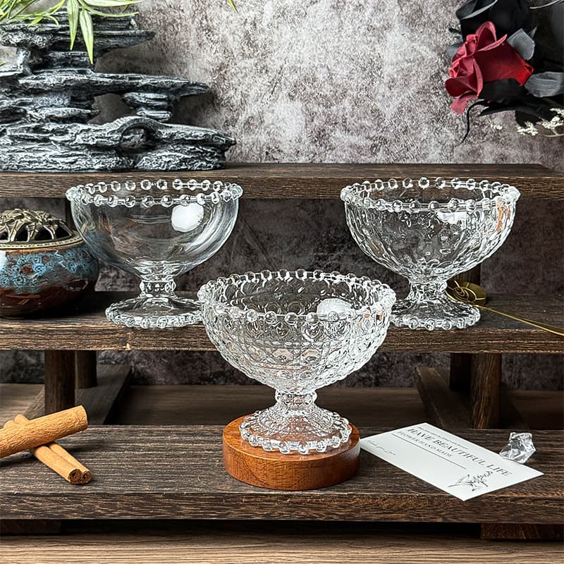 [Wholesale Lot] Niche Beaded Edge Low-Foot Dessert Bowl, Ice Cream Bowl, Sweet Soup Bowl, Glass Cup, Juice Cup