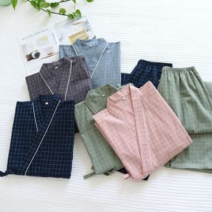 Summer Single-Layer Cotton Washed Cotton Japanese Kimono Pajamas with Nine-Tenth Sleeves, Long Pants, Open-Front Tie Closure, and Japanese-Style Loungewear
