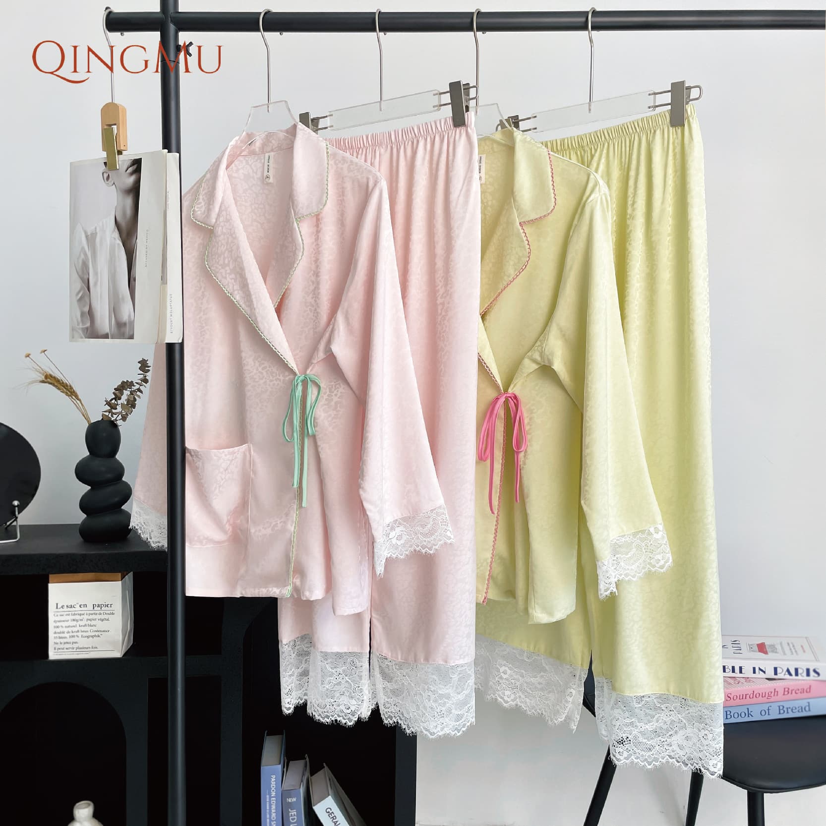 Women's Antibacterial Pajamas Spring Autumn Ice Silk Lace Long Sleeve Premium Loungewear Two-Piece Set Pajamas for Women Live Stream