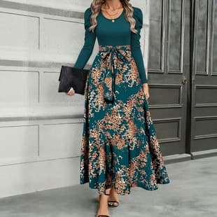 Export European and American Plus Size Women's Vintage Floral Patchwork Long Sleeve Round Neck Puff Sleeve Waist Tie Concealing Maxi Dress