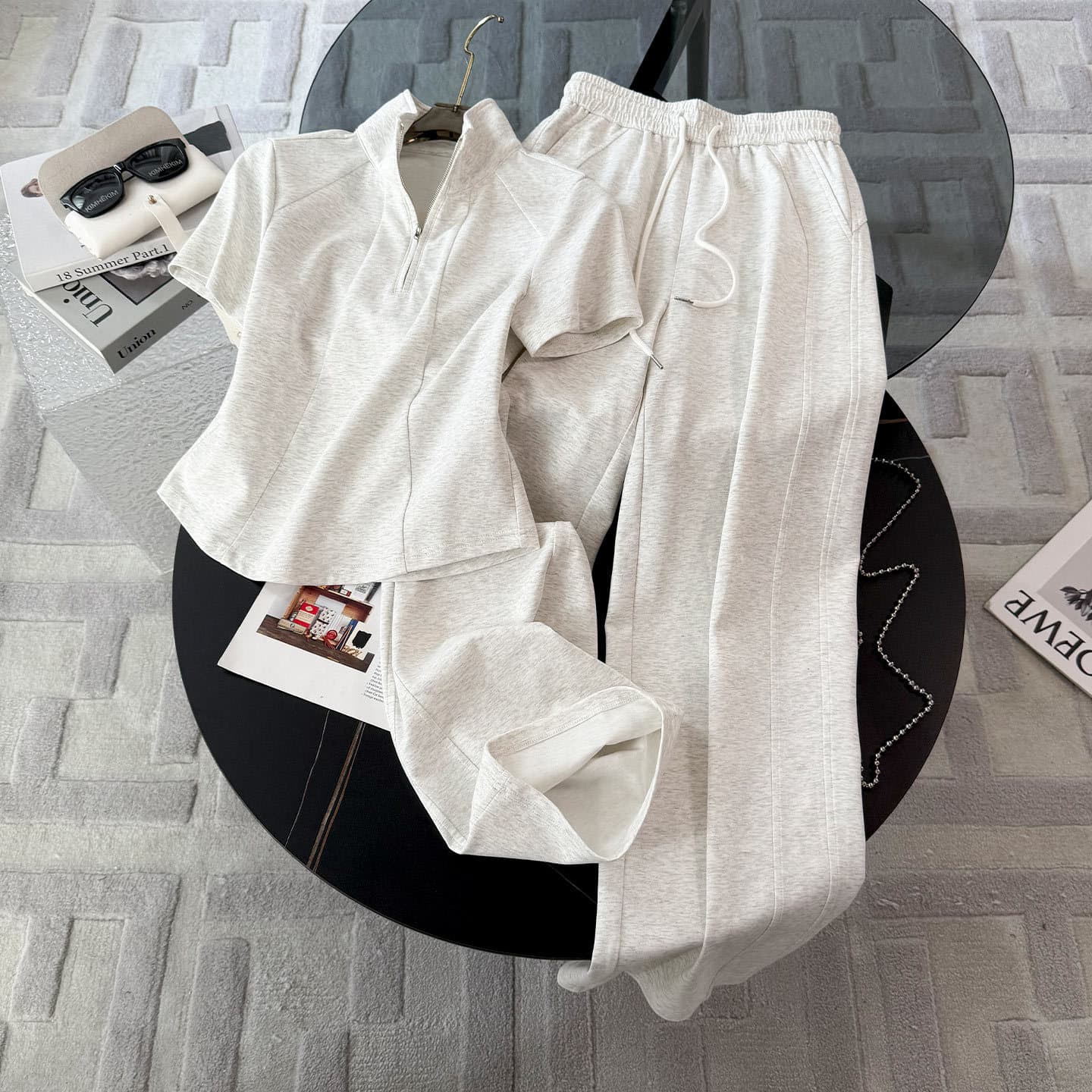 Fashionable Striped Short-Sleeve Top with Drawstring Wide-Leg Pants Two-Piece Set for Women Summer New Arrival