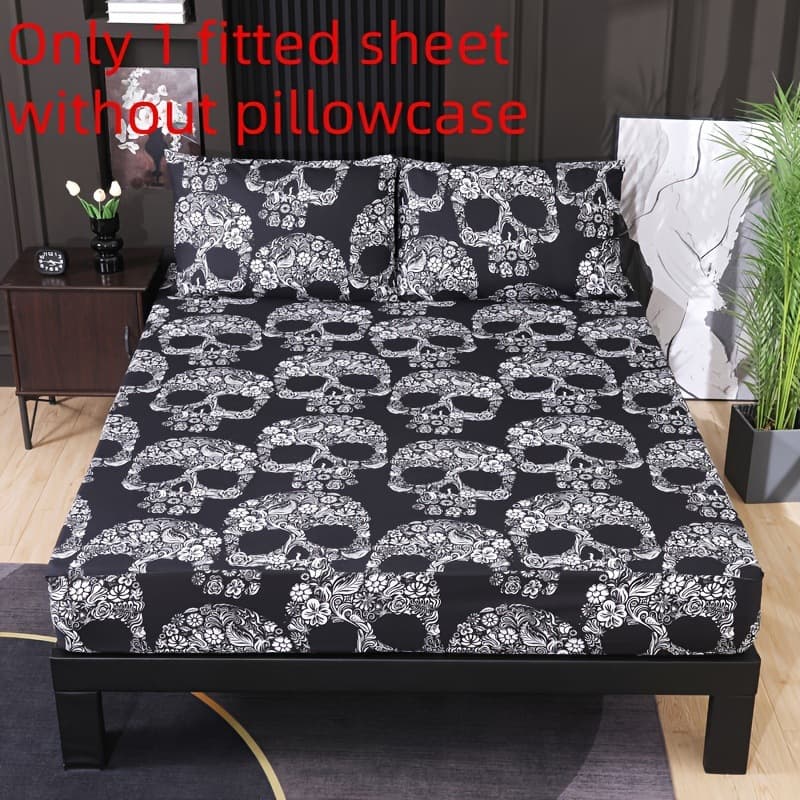 Cross-Border Three-Piece Fitted Sheet Set with Unique Skull Print Black and White Floral Fitted Sheet Bedding Set for Adults and Children