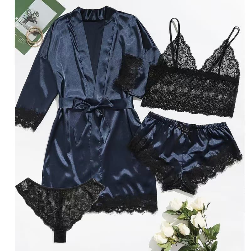 26 Cross-Border Hot Selling European and American Women's Pajama Set Lace Camisole Pajamas Women's Summer Set with Robe Nightgown Wholesale