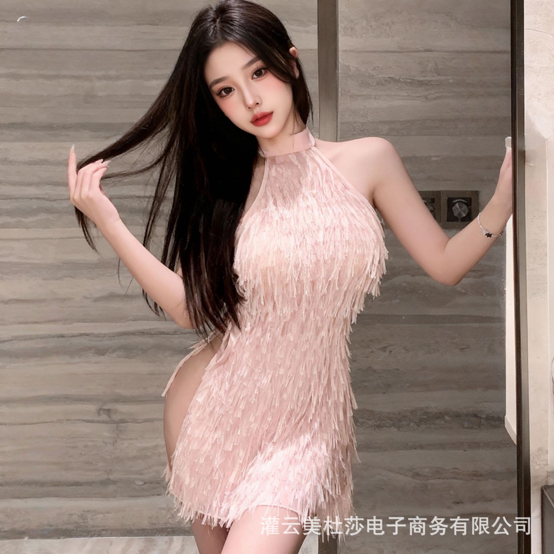 Drunken Xiaolou Artisan [Fringe Night] French Side-Slit Dress for Women, Halter Neck Elegant Lady Camisole Slip Dress