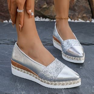 Autumn New Pointed Toe Sequins Wedge Heel Loafers Cross-Border Rope Sole Platform Slip-On Large Size Women's Shoes