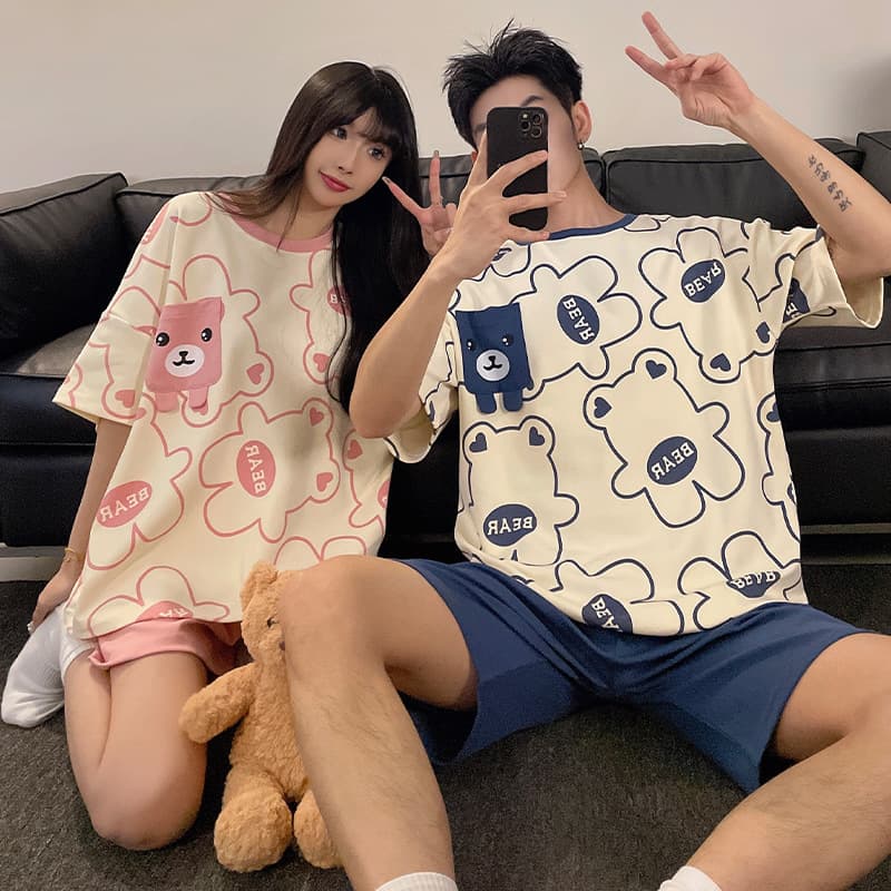 Summer Couple Pajamas Women's Short Sleeve Cartoon Cute Men's Summer Thin 2024 New Home Wear