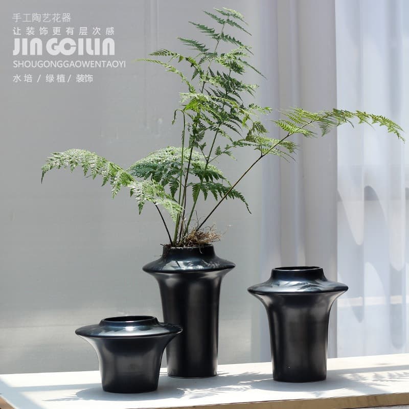 New Chinese Style Home Decorative Ceramic Vase Set for Study, Living Room, and Desktop - Black Three-Piece Soft Decoration