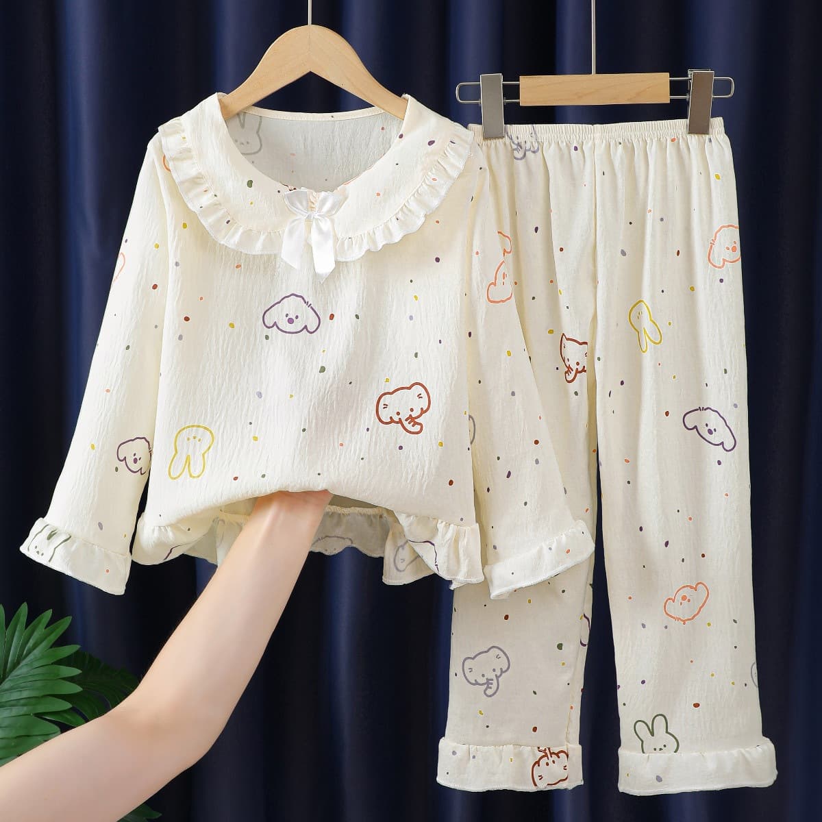 Cloud Cotton Kids' Pajamas Girls' Spring/Autumn Long-Sleeve Set with Peter Pan Collar Princess Style for Bigger Kids Homewear