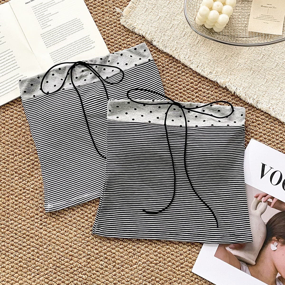 Korean Style Striped Polka Dot Two-Layer Backless Lace-Up Tube Top with Pads, Slim Fit Inner Top