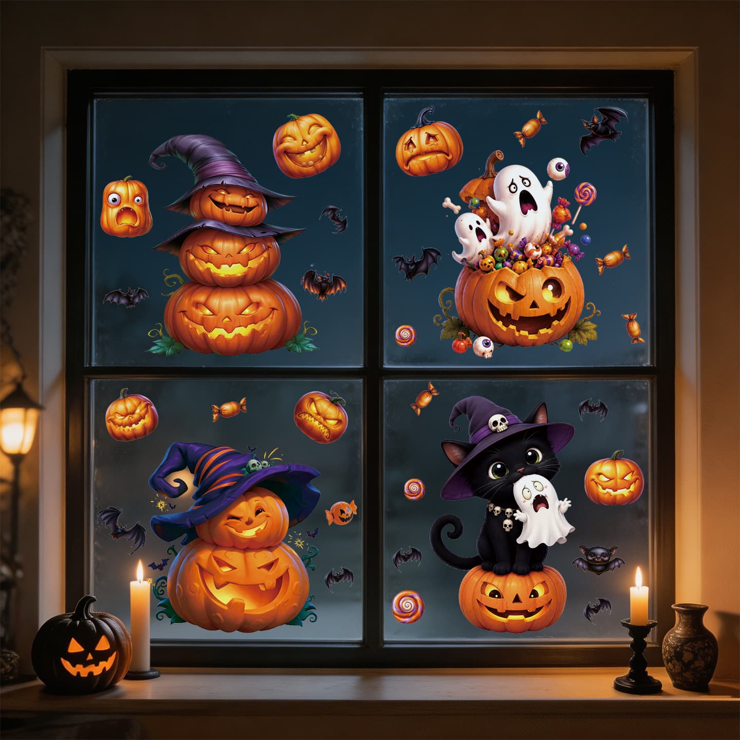 Halloween Pumpkin Holiday Party Decorations Candy Pumpkin Lantern Static Cling Black Cat Ghost Window Glass Stickers