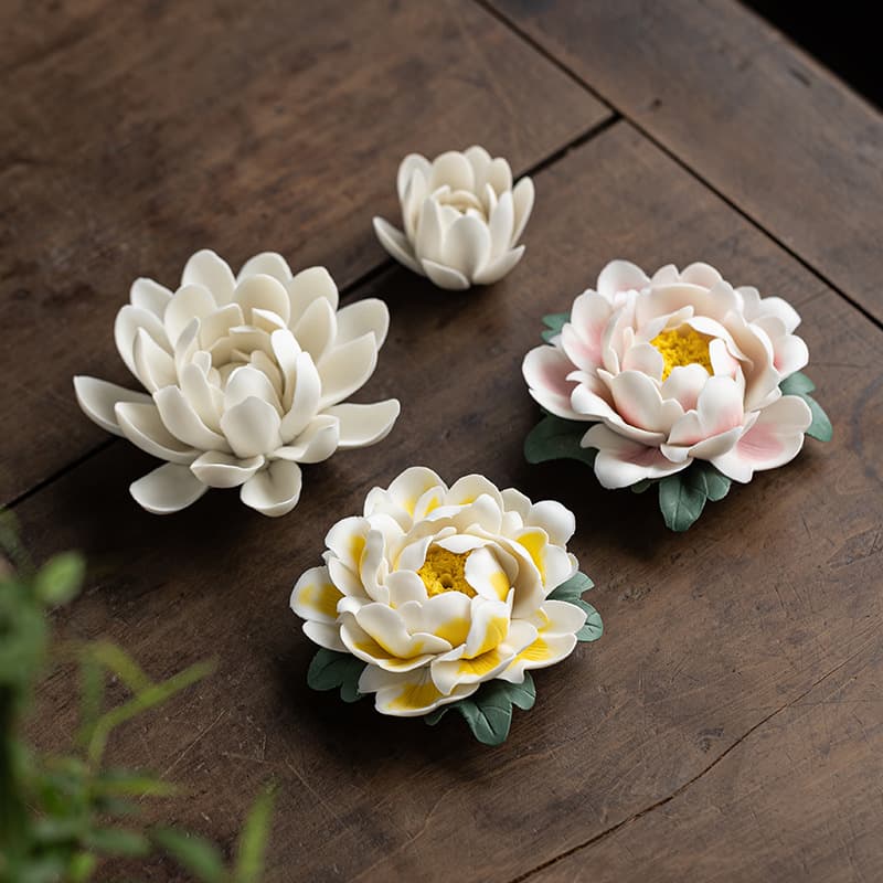 Ceramic Lotus Ornaments Zen Home Accessories Handmade Lotus Peony Thread Incense Burner Living Room Decoration Crafts