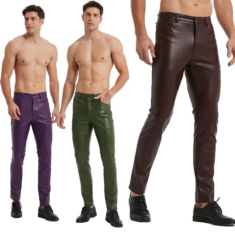 Shilin Autumn/Winter New Men's Leather Pants, Plus Size, Cross-border Men's Slim Fit Elastic Trendy Motorcycle Purple Brown Wholesale
