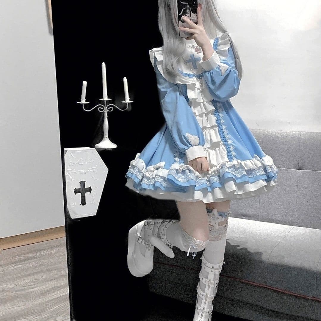 Gothic nun style Lolita dress, sweet and cool Lolita style, fluffy Christmas princess dress, black and white & blue and white versions.