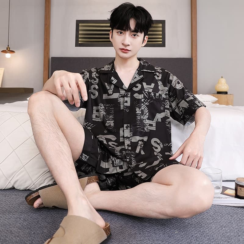 Ice Silk Pajama Set for Men Summer Short Sleeve Casual Thin Loose Fit Plus Size Wearable Outside Lounge Wear