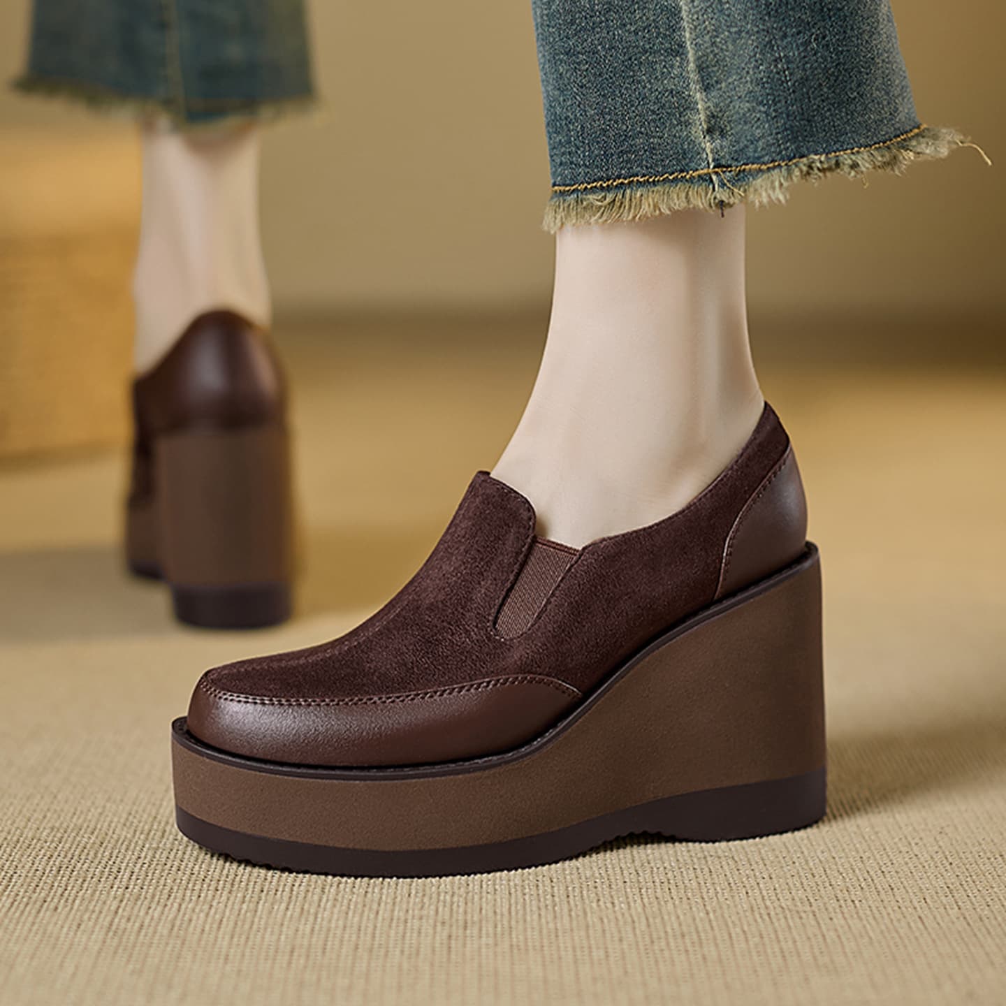 9cm high heels 2026 spring and autumn platform shoes for women thick-soled nubuck leather retro small leather shoes wedge heel deep mouth single shoes