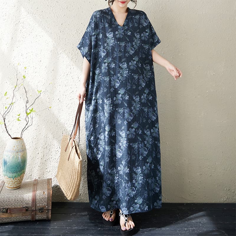 Cross-border women's clothing 2026 summer new thin cotton and linen printed V-neck loose simple resort style long skirt women's beach skirt