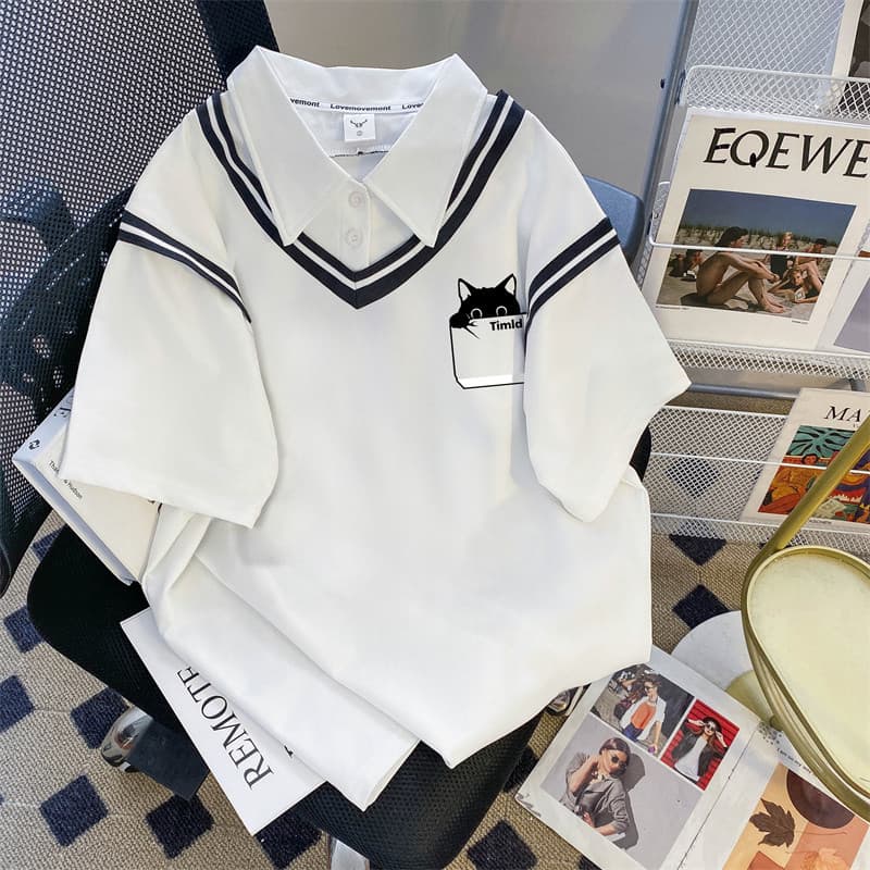 Women's Polo Neck Short Sleeve T-Shirt, Pure Cotton 2026 New Summer Loose Fit Plus Size Cartoon Half Sleeve Top