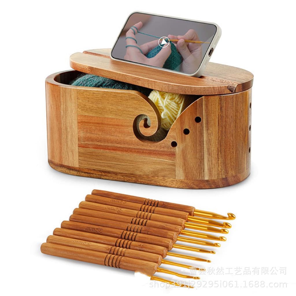 Wooden Yarn Bowl Oval with Lid Yarn Storage Box DIY Yarn Holder with Phone Stand Crochet Yarn Bowl