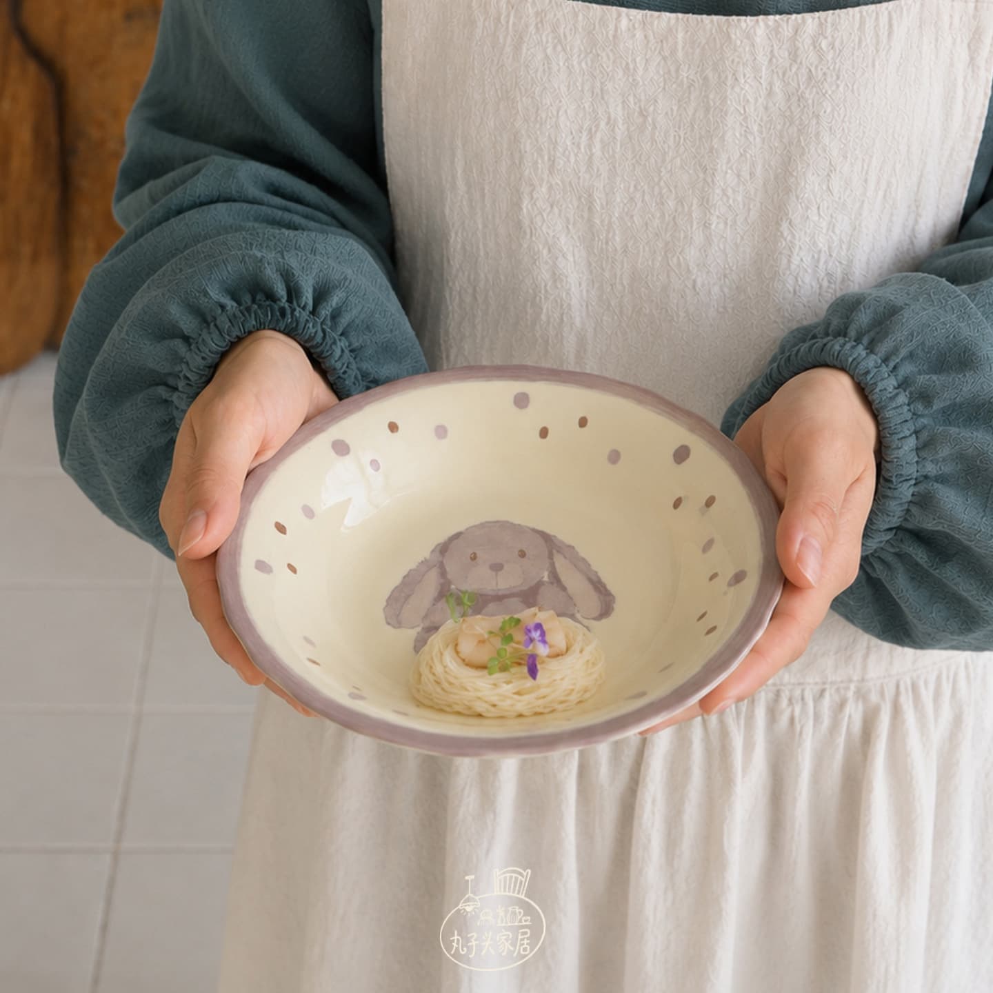 Japanese Hand-Painted Purple Rabbit Polka Dot Lace Ceramic Plate Cute Cartoon Pasta Plate Home Salad Dessert Deep Plate