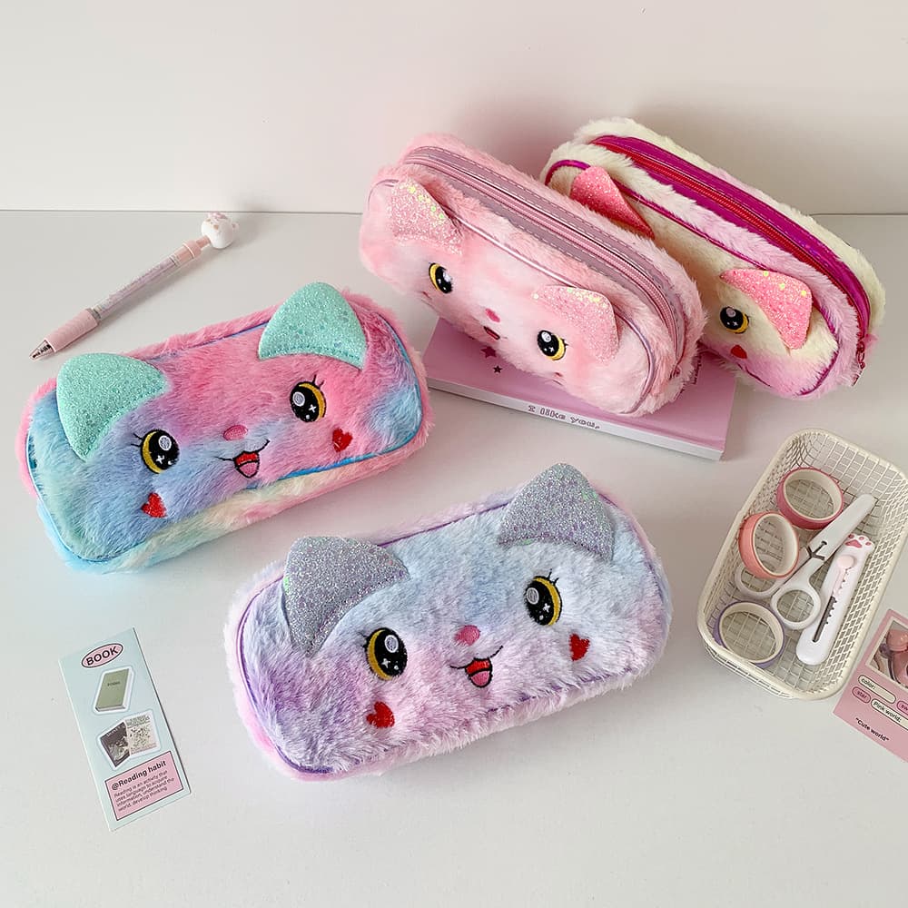 Cute tie-dyed kitten plush cosmetic bag, large capacity travel portable storage bag, high-looking student stationery and pen bag