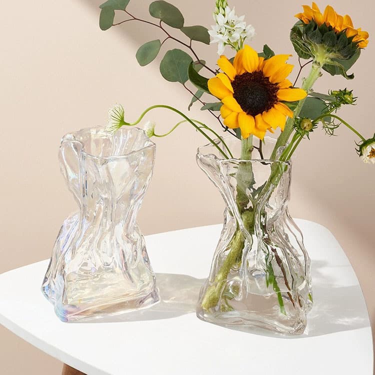 Pleated Design Money Bag Glass Vase, 3D European-Style Frosted Vase, Hydroponic Fresh Flower Vase, Living Room Entryway Decoration