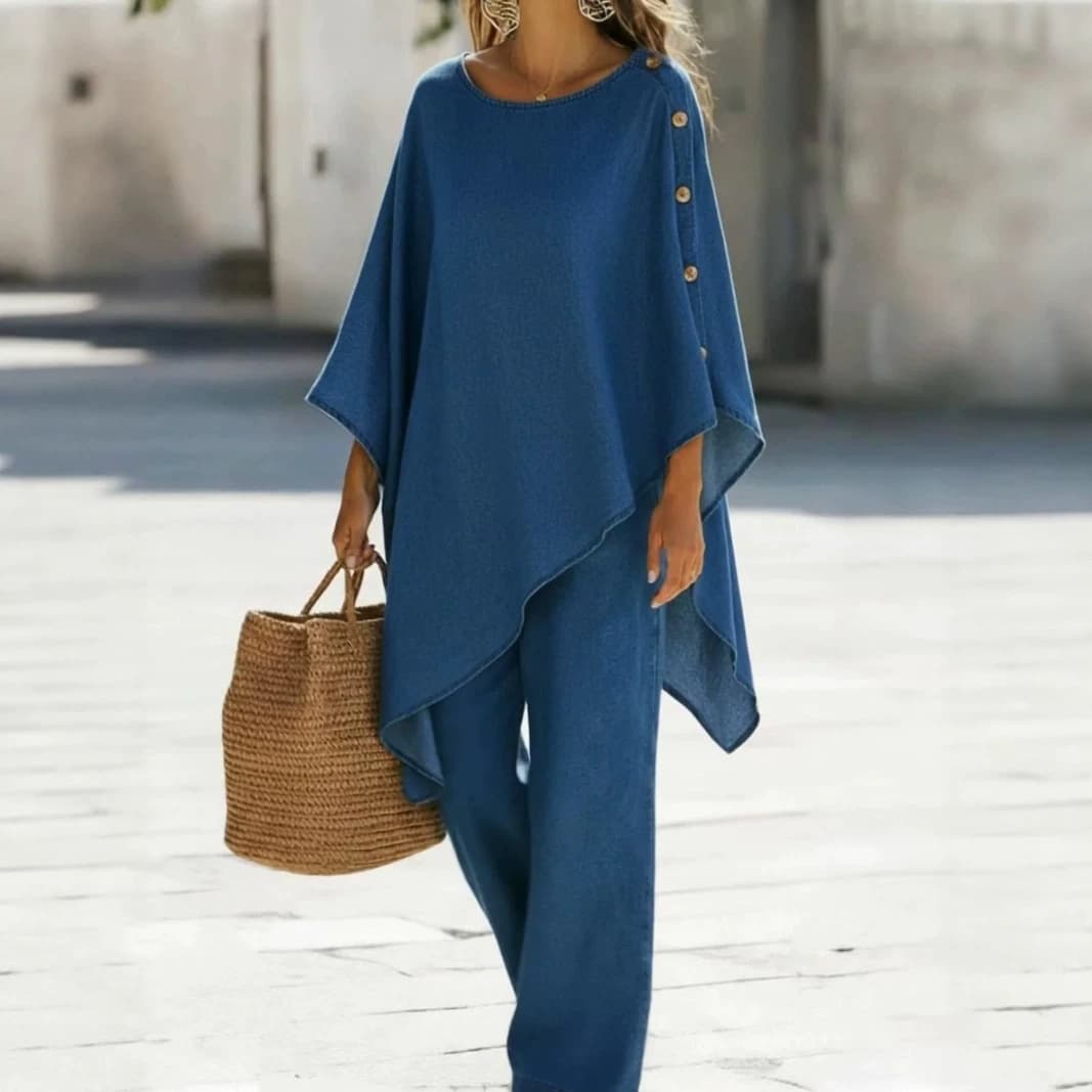 2026 Cross-Border EU/US Casual Denim Button Top and Wide Leg Pants Two-Piece Set for Amazon