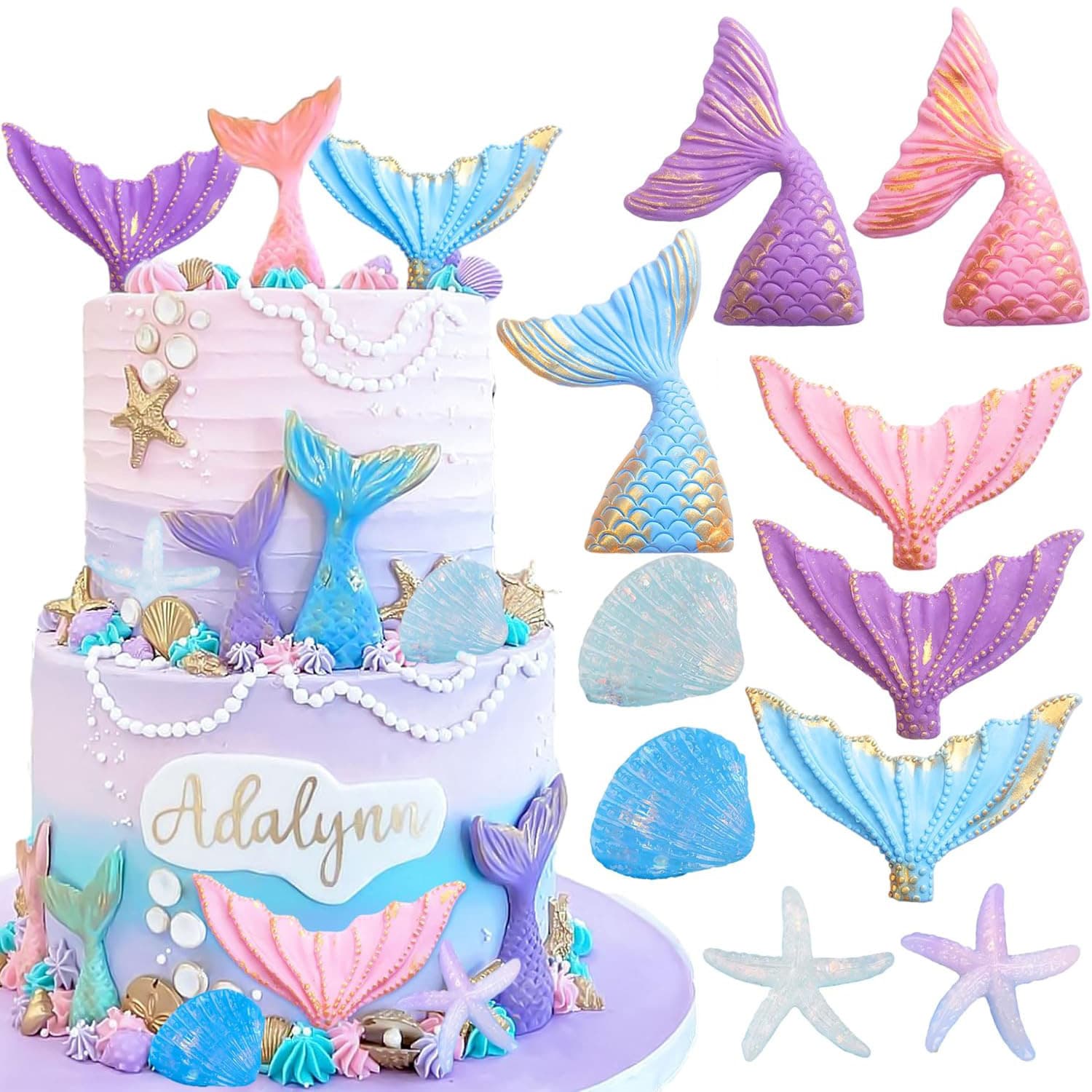 10-piece set of underwater world cake decoration ornaments mermaid fish tail ocean shell starfish birthday theme plug-in