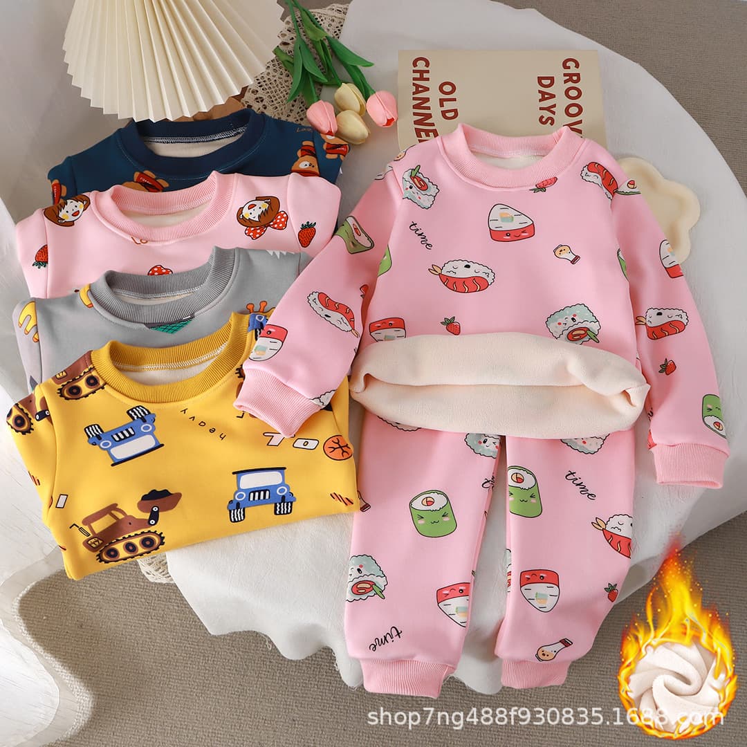 Autumn Winter Boys Girls Thermal Underwear Set Fleece Lined Thickened Student Kids Homewear Middle Small Kids Baby Pajamas