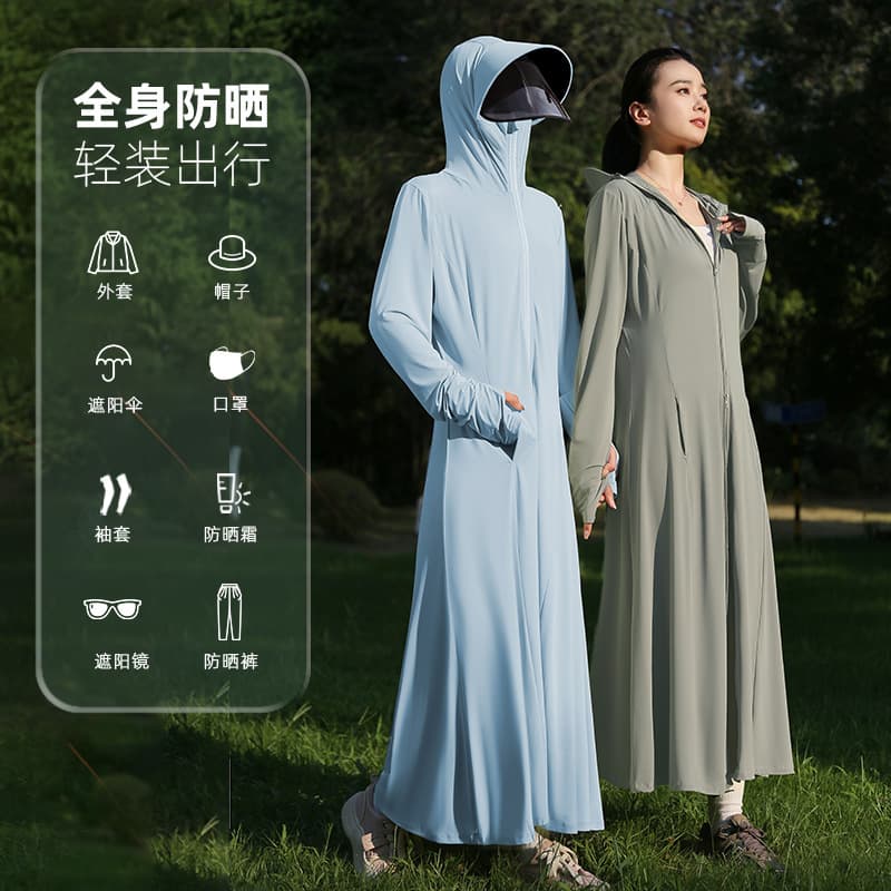 Long Black Coated Sun Protection Jacket for Women Summer UV Protection 2026 New Ice Silk Breathable Thin Coverall Full Body Sunscreen Clothing