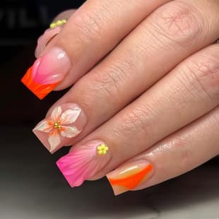 Pink-Orange Gradient 3D Floral Press-on Nails, Fluid Ripple Embossed Nail Tips, Removable Fake Nail Stickers