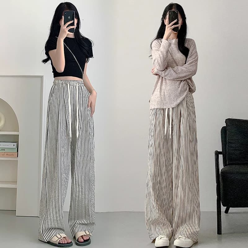 Postpartum Wearable Maternity Stripe Pants, High-Waist Loose Casual Maternity Wide-Leg Pants for Spring and Summer
