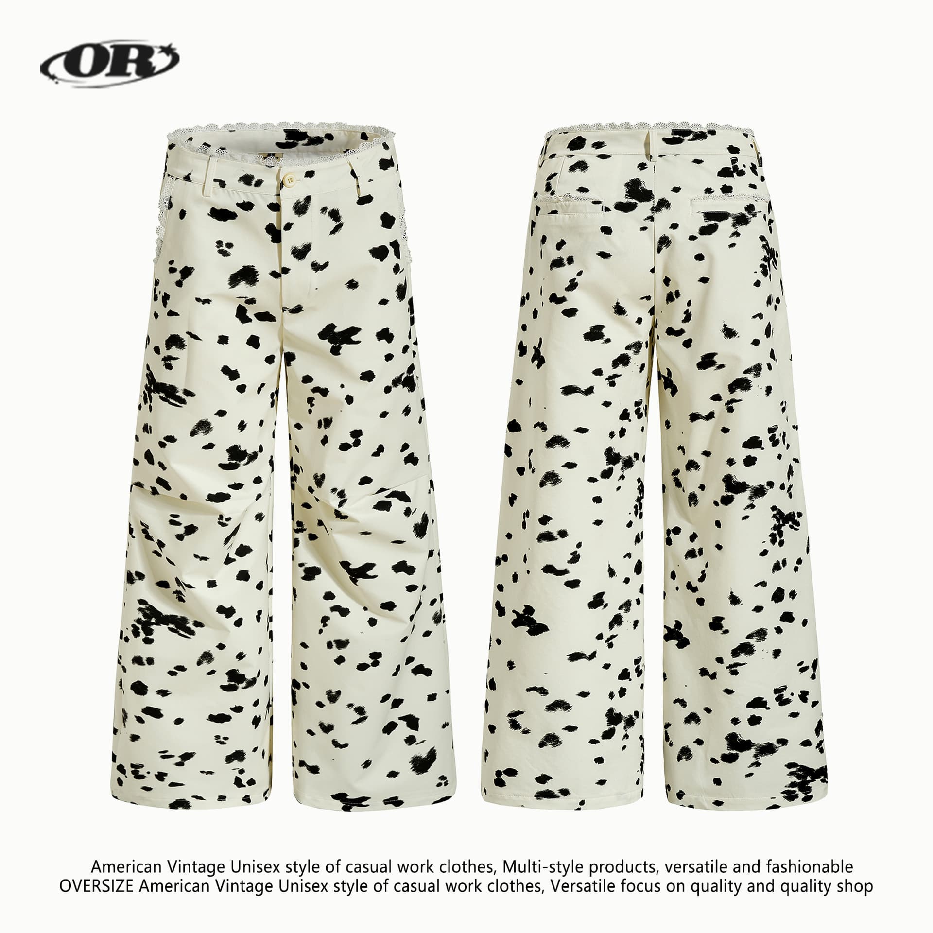 OREETA | Polka Dot Print Wide-Leg Casual Pants for Men and Women, Lace Spliced Sweet and Spicy Style Straight-Leg Vintage Cargo Pants