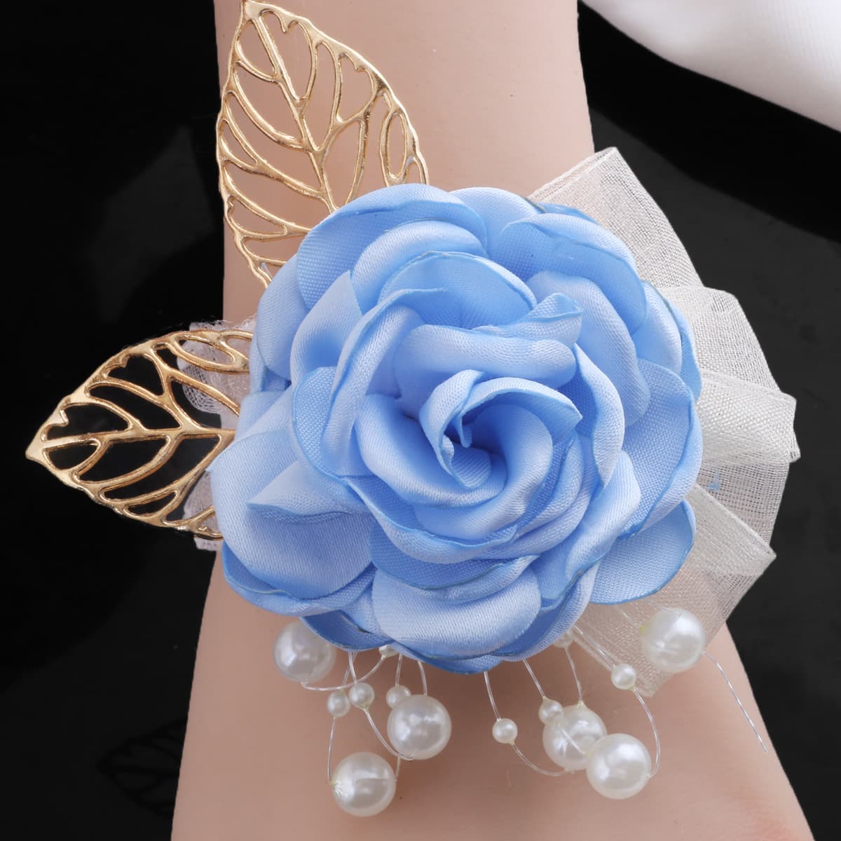 Amazon source, ethereal bride and bridesmaid simulated wrist corsage, men's gold leaf boutonniere accessory XH506
