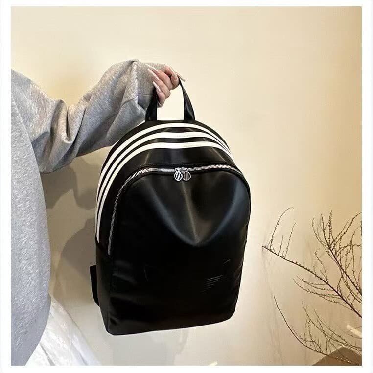 Black PU leather backpack for men and women large capacity casual travel backpack simple fashion trend school bag