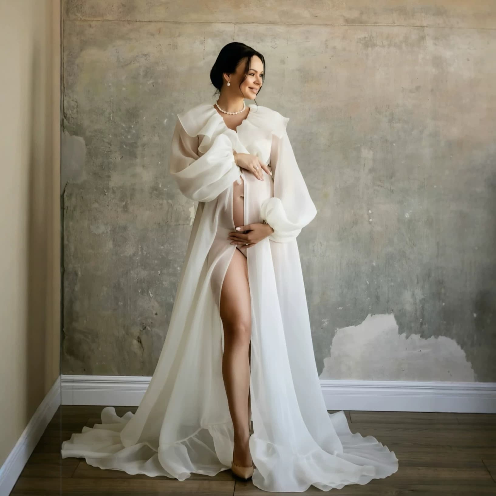 Foreign trade maternity photography long dress, large puff sleeves, ruffled organza tail dress, pregnant mother art maternity dress